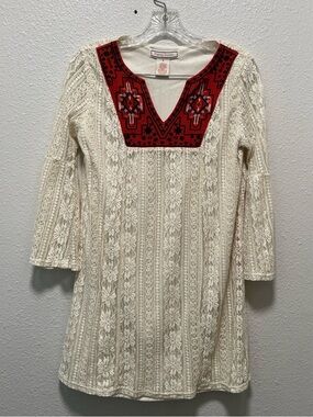 Flying Tomato Cream Crochet Tunic with Red Embroidery